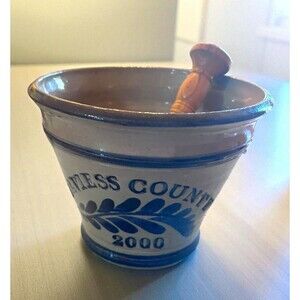 Westerwald Salt Glazed Blue & Stoneware Mortar & Oak Pestle Daviess Cty 2000